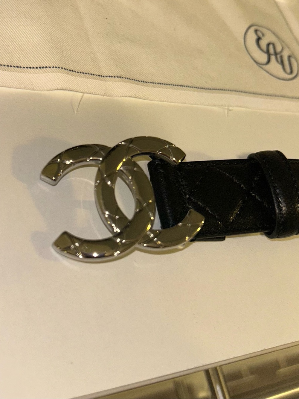 Classic Black Quilted Leather Belt with Interlocking Silver Logo Buckle